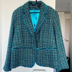 Liz Claiborne Teal Tweed Blazer with Crushed Velvet Trim